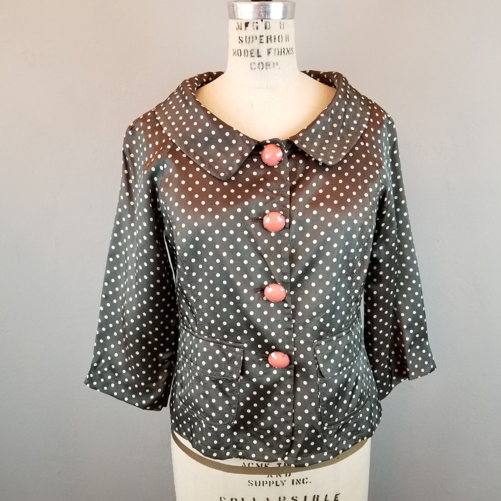 Cynthia Steffe 1950's Style Olive Green Polka Dot Jacket Jeweled Buttons Size 6